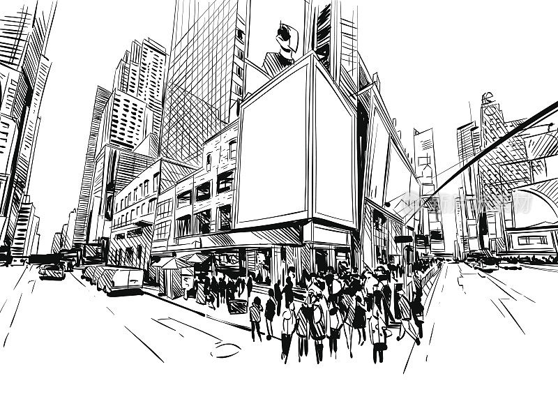 城市手绘独特透视图，矢量插画