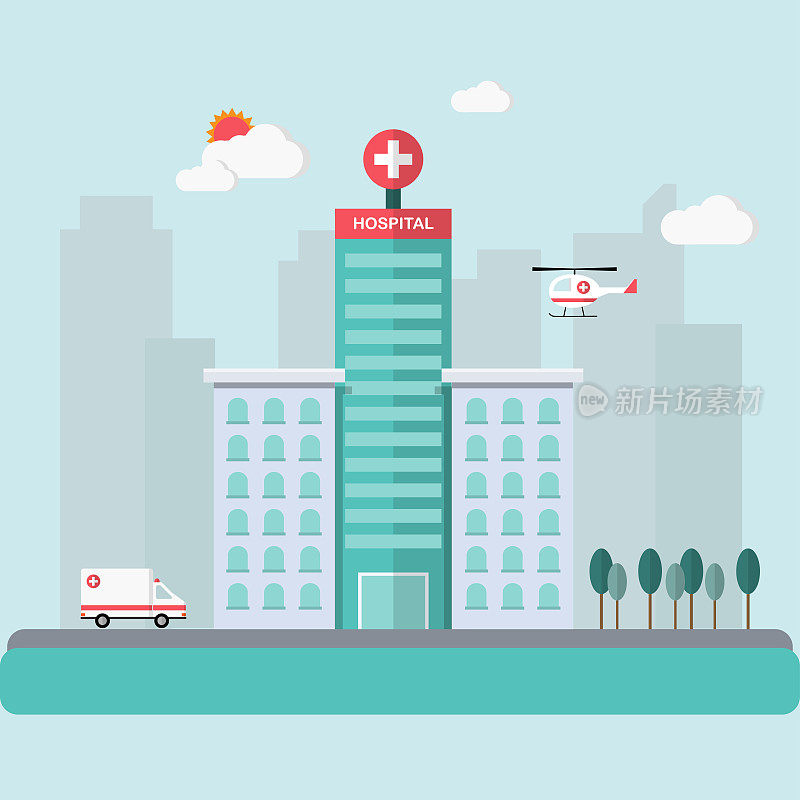有救护车的医院大楼。大城市的现代化医疗中心建设。