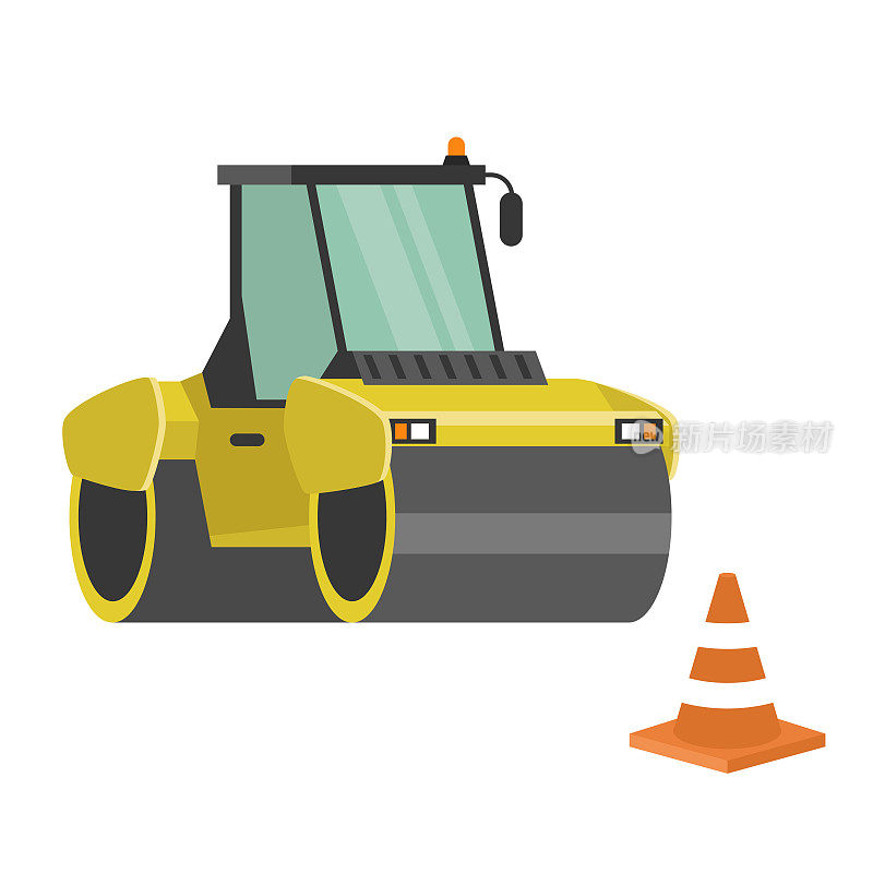 沥青摊铺机。黄色的机器和橙色的锥形。建设工作。道路施工。平面可编辑矢量插图，剪辑艺术。矢量动画。没有人。行业。