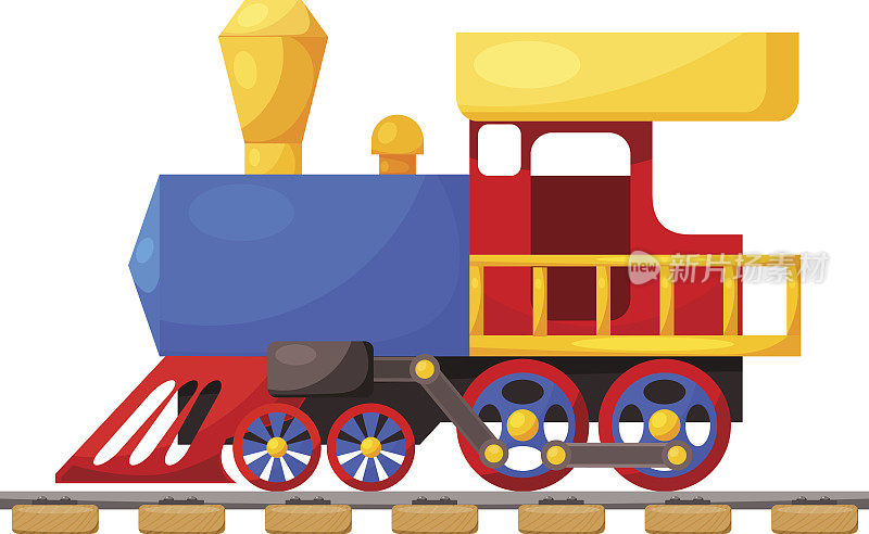 红蓝火车在铁路上孤立在白色的背景上。卡通。矢量插图。