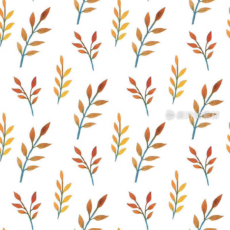 无缝图案制作的手绘水彩秋季枝与叶