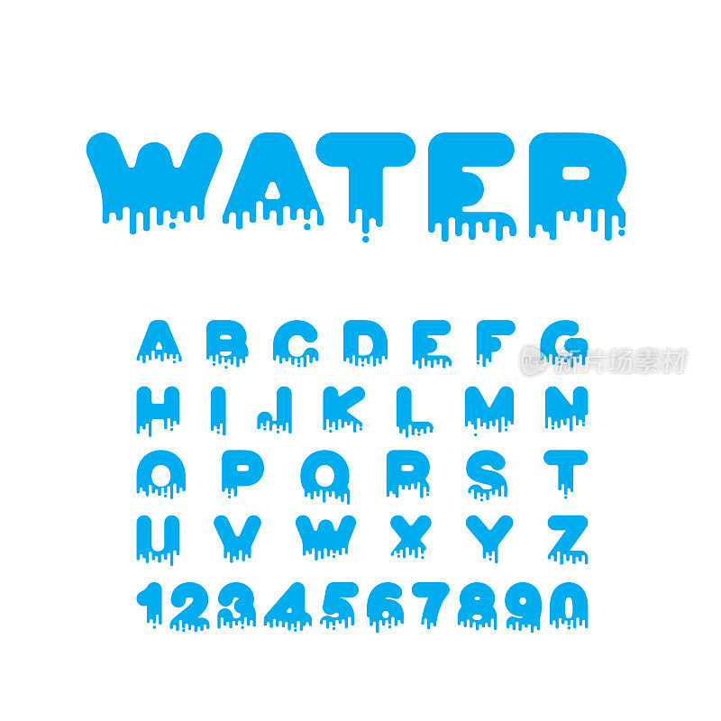 水液体字体。aqua字母表。粘性的信件