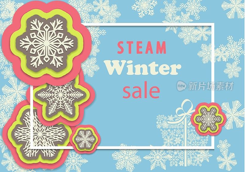 冬季销售横旗与彩色雪花和画框。