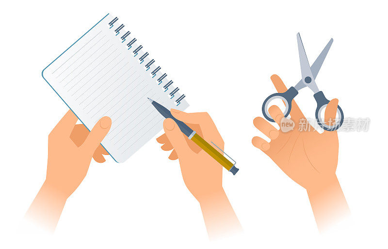 生意人手里拿着办公用品:纸笔记本、笔、剪刀。