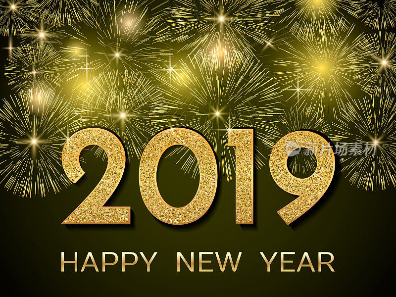 2019新年快乐。黑色背景上的金色烟花。2019年新年贺卡。背景与金色数字和烟花。