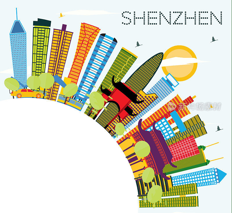 深圳中国城市天际线，彩色建筑，蓝天和复制空间。