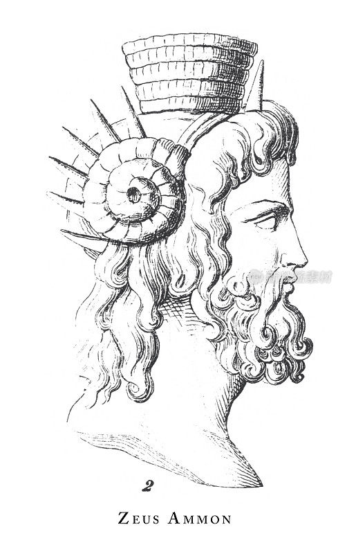 宙斯阿蒙，神与神话人物雕刻古董插图，出版于1851年