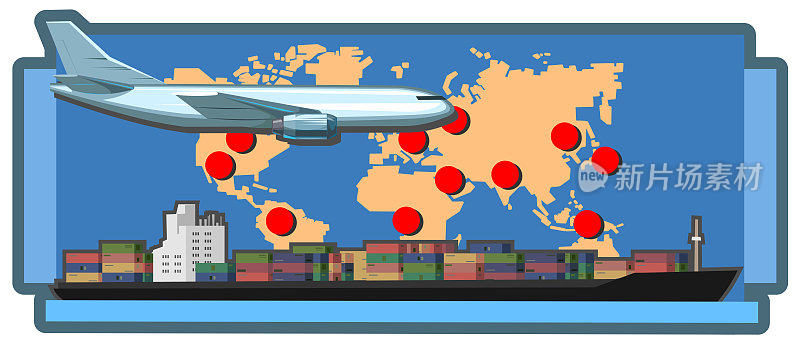 国际物流分支。矢量插图。物流供应商。世界地图与公司的代表办事处的标志。横贯大陆运输:空运和海运。孤立。