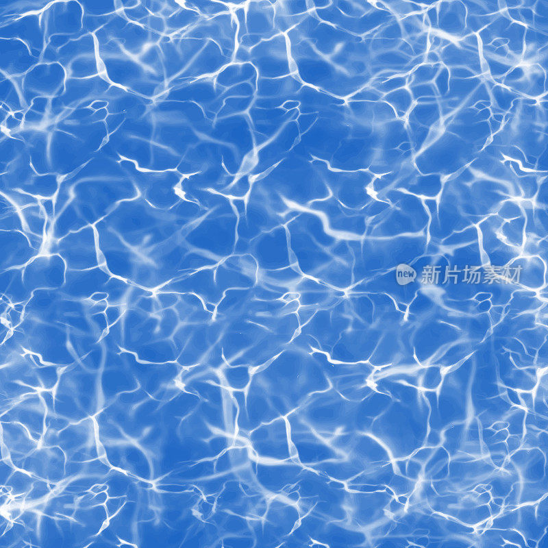 蓝色泳池水面与太阳眩光和波浪。现实的矢量背景插图。热带背景,热带设计元素,夏季概念