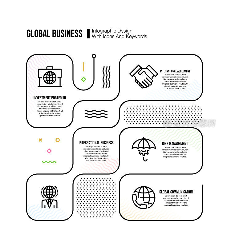 信息图设计模板与全球业务关键字和图标