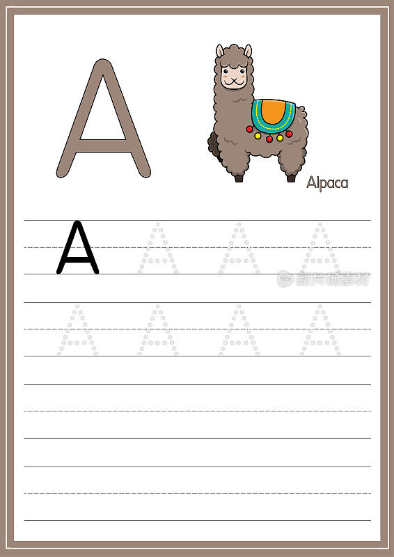 矢量插图羊驼孤立在一个白色的背景。用大写字母A作为教学和学习的媒体，供儿童识别英文字母或供儿童学习写字母用于家庭和学校学习。