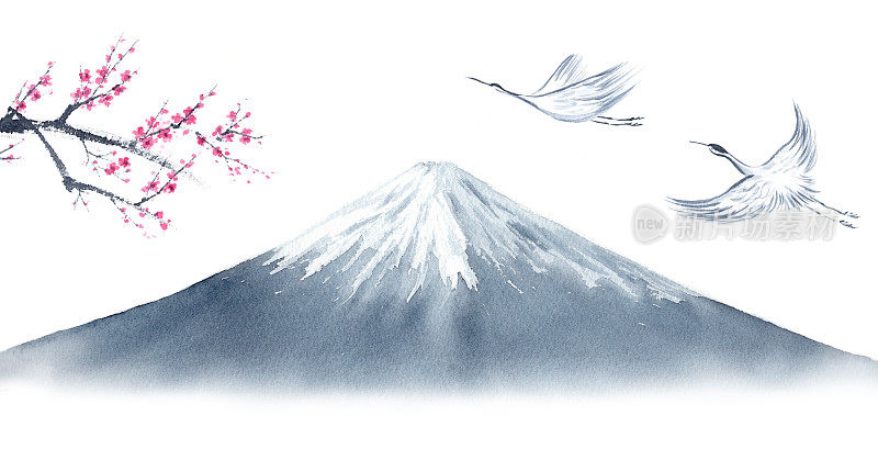 绘有富士山、仙鹤、梅花的水墨画。