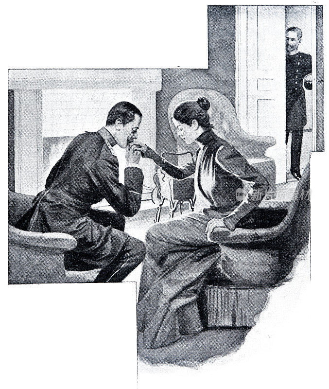 男人亲吻女人的手，两人坐在客厅的扶手椅上