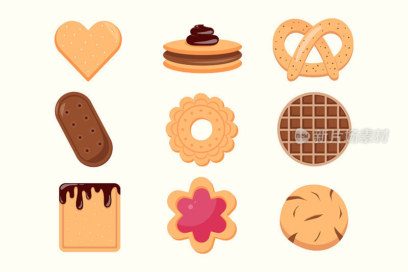 饼干和饼干图标收集孤立在白色背景。美味饼干卡通矢量插图甜食。