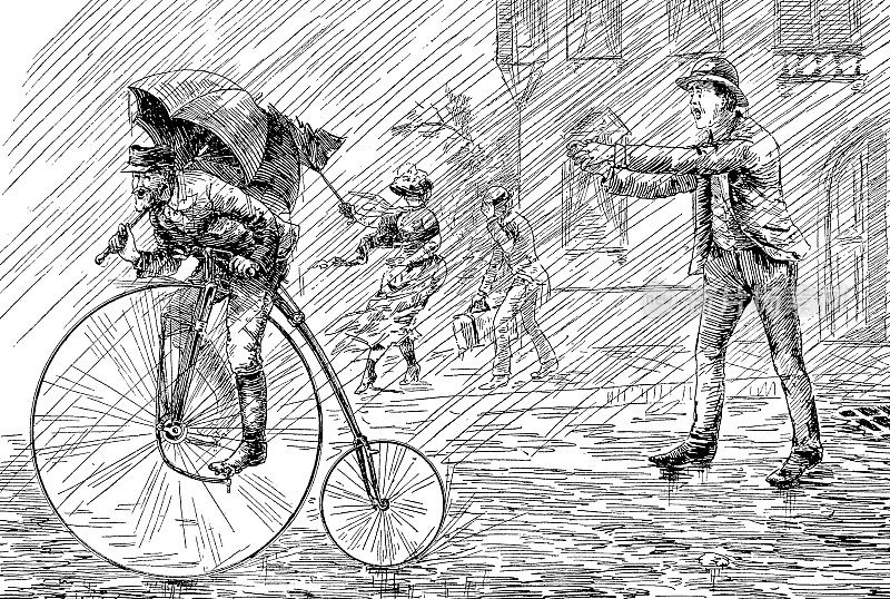 下雨的时候，一个骑自行车的人在街上偷了一个男人的雨伞