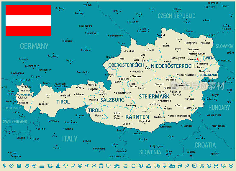 奥地利高细节地图。矢量插图蓝色地图导航图标和国旗