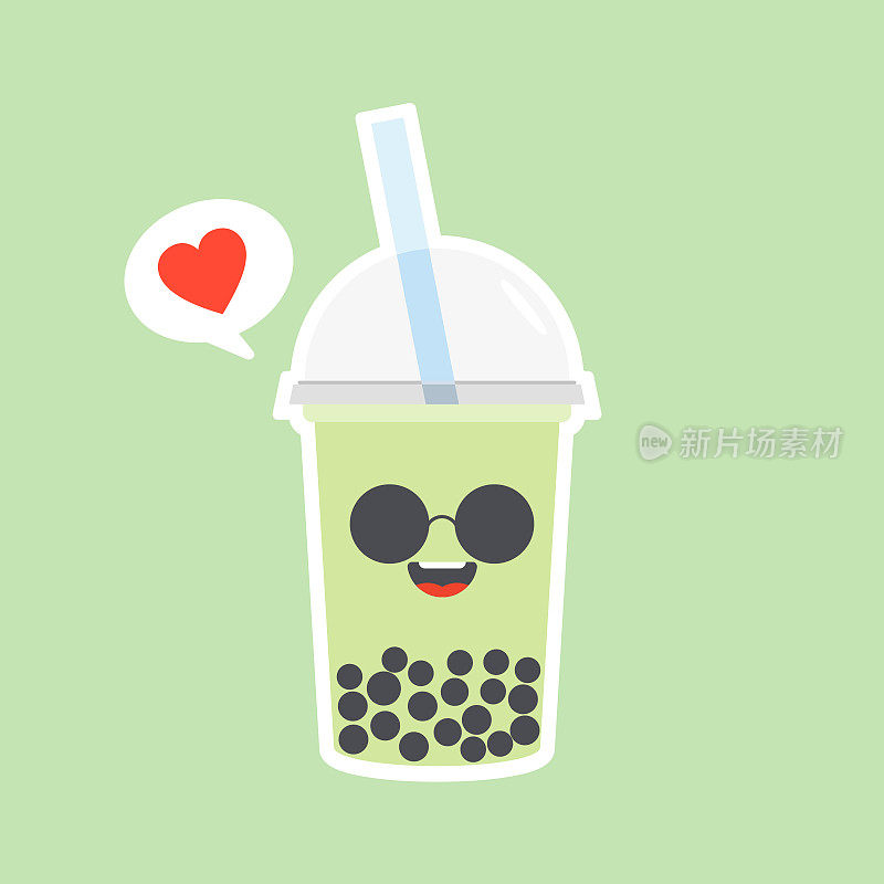 可爱的珍珠奶茶配木薯粉。珍珠奶茶，黑色美味珍珠是台湾著名的。受欢迎的饮料。矢量图草图。角色动画。可爱的贴纸。卡哇伊卡通Emoji。