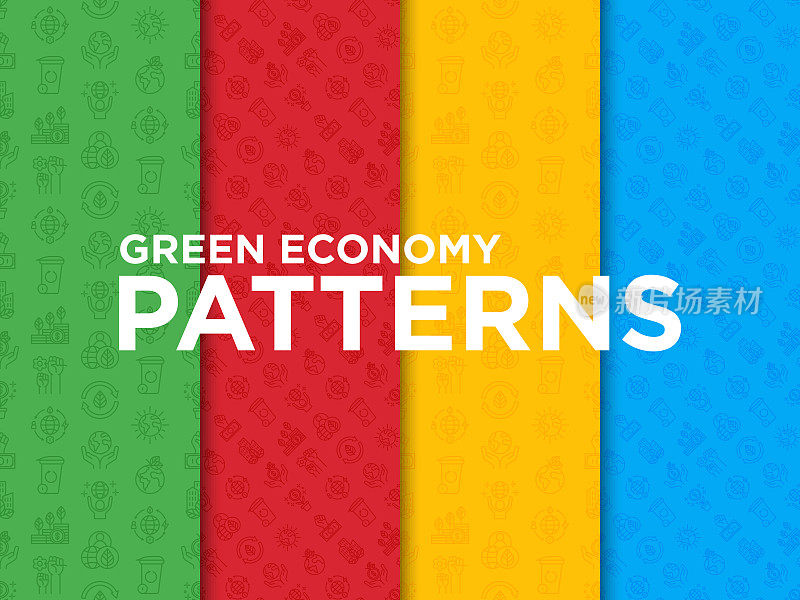 绿色经济无缝模式与细线标志:金融增长、绿色城市、零浪费、循环经济、反全球化、全球消费。环境问题的矢量插图。