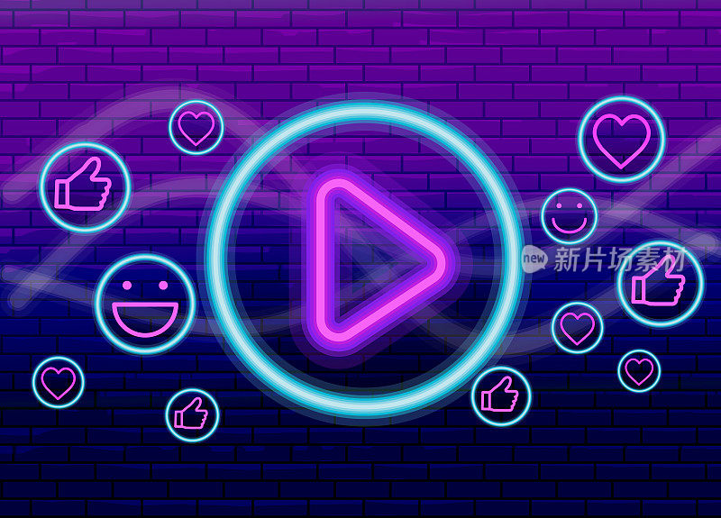 直播活动霓虹社交媒体横幅设计与播放按钮和互动图标上的紫色砖墙