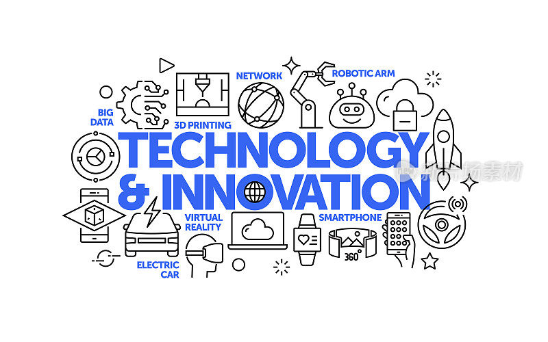 技术与创新相关的网页横幅线条风格。现代线性设计矢量插图的网站横幅，网站标题等。