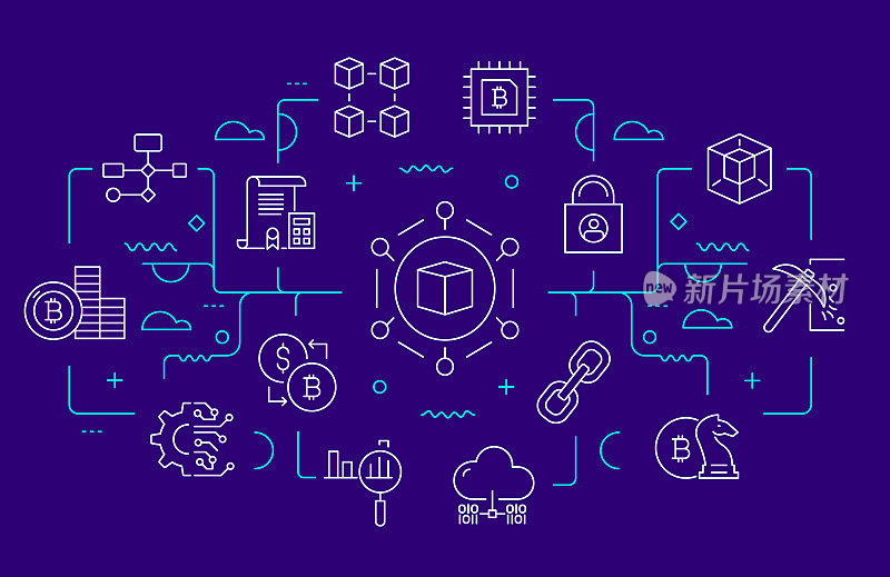 区块链相关网页横幅线条样式。现代设计矢量图