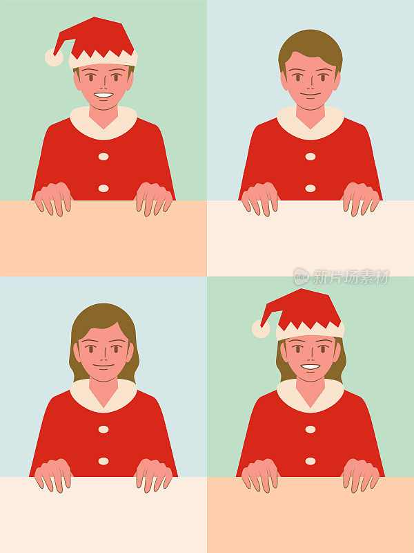 漂亮的孩子们(男孩和女孩)穿着圣诞老人的衣服，面带微笑，举着一个空白的牌子