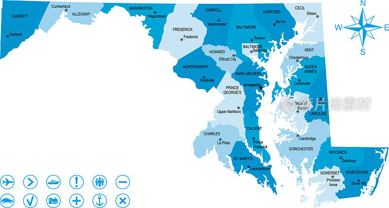 马里兰地图与图标和键