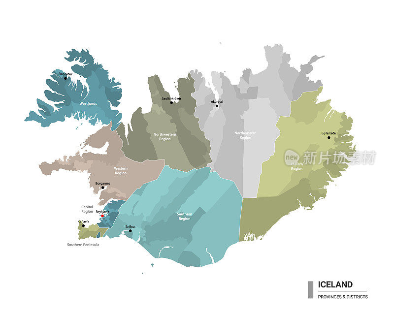 冰岛高详细地图与细分。冰岛行政地图与地区和城市的名称，颜色由州和行政区域。矢量插图。