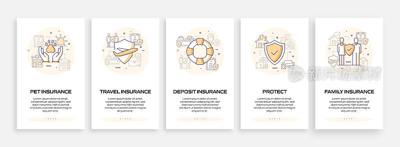 保险概念入职移动应用程序页面屏幕与平面图标。UI设计模板矢量插图