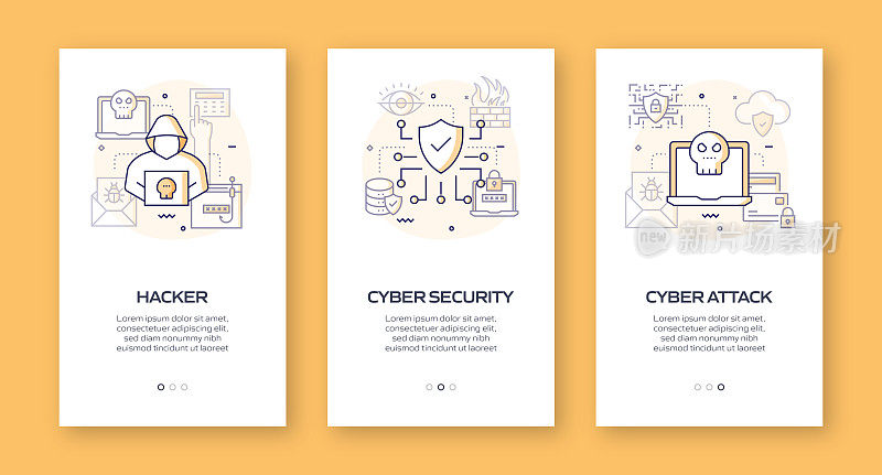 数据安全和网络安全概念的移动应用程序页面屏幕与平面图标。用户体验，用户界面设计模板矢量插图