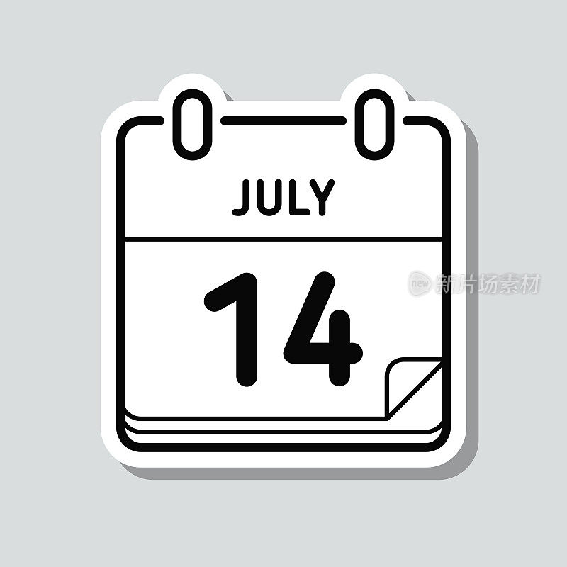 7月14日。灰色背景上的图标贴纸