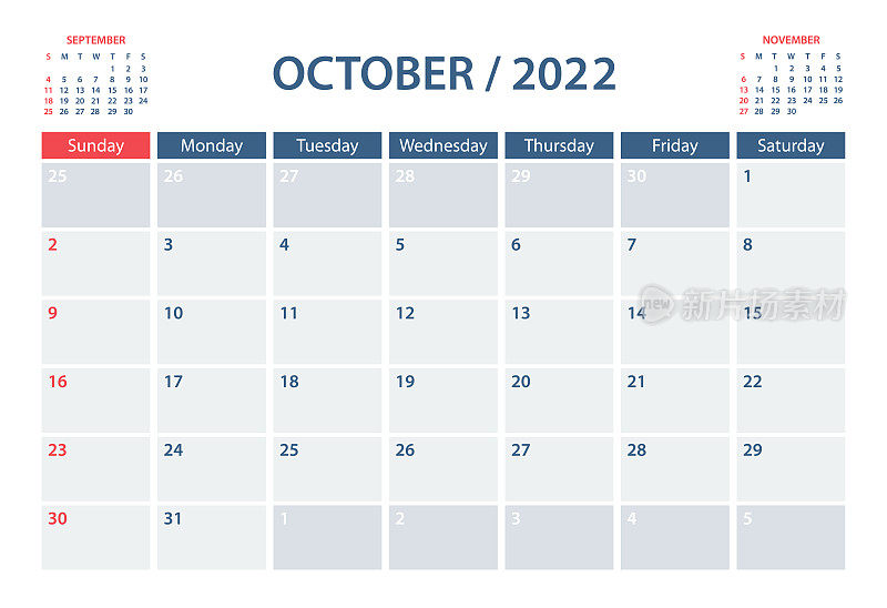 2022年十月日历规划器矢量模板。一周从周日开始