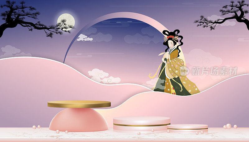中秋与仙女嫦娥，中国的月亮女神与兔子玉，向量3D讲台在粉红色的金色圆柱站在大理石地板上。东亚传统庆典的背景横幅