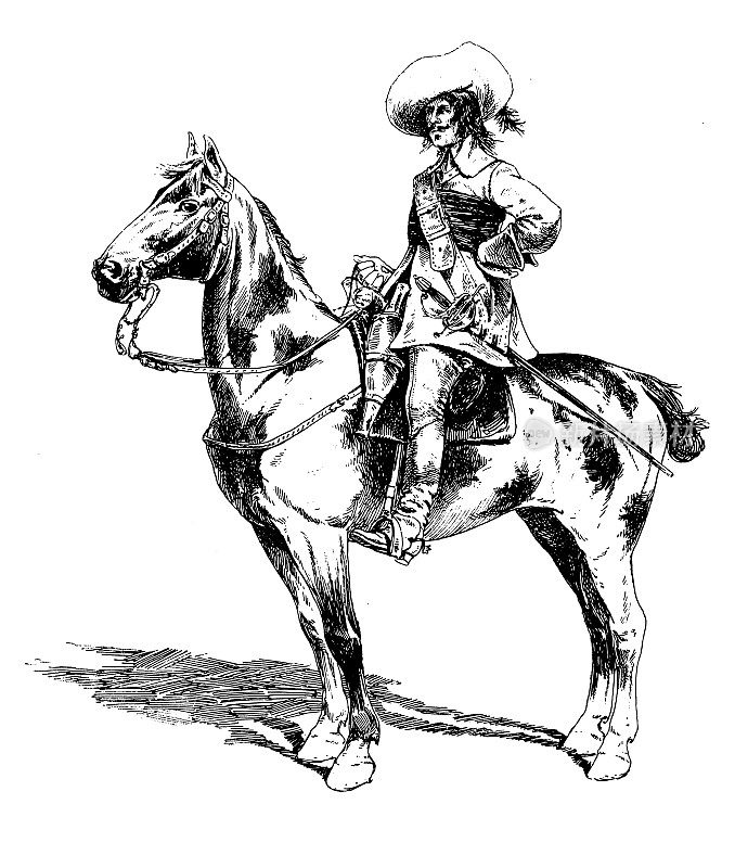马、骑士和骑兵的古董插图