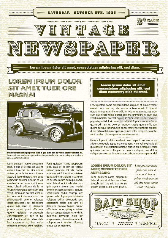 老式或老式的旧报纸布局包括头版与标题设计模板