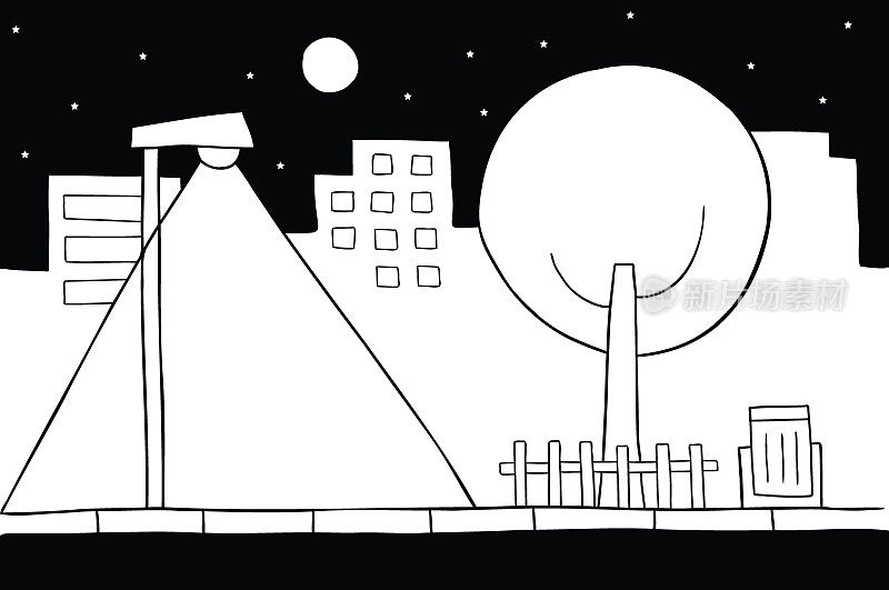 卡通矢量插图的城市场景在晚上。路灯、树、建筑物、星星和满月