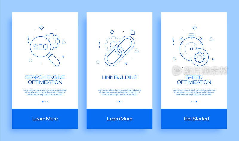 搜索引擎优化概念Onboarding移动应用程序页面屏幕与平面图标。UI设计模板矢量插图