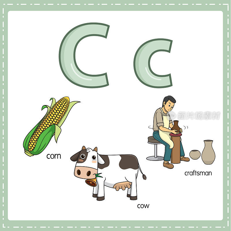 向量插图学习字母C的小写和大写的儿童与3卡通图像。玉米牛工匠。