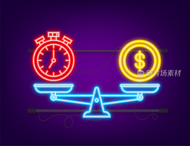 时间是金钱在天平上的图标。霓虹灯图标。金钱和时间在天平上平衡。向量股票插图