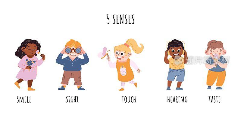 儿童有五种感官。视觉、触觉、听觉、嗅觉、味觉矢量插图。