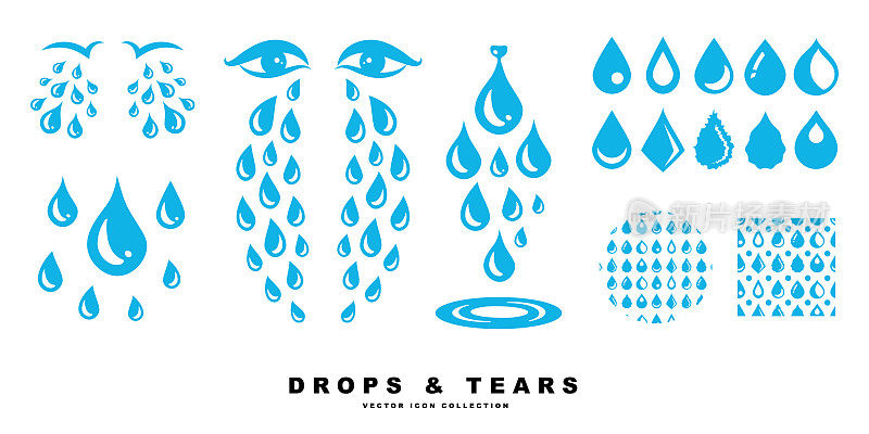 蓝色哭卡通的眼泪图标或汗水从眼睛滴下