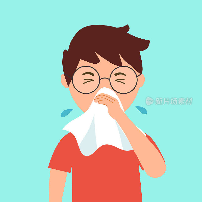 一个患流感的男孩。悲伤的孩子们用手帕或纸巾打喷嚏。流感或感冒过敏症状卡通。流感的治疗。