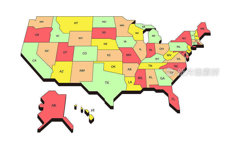 简单的美国地图，美国50个州。矢量图