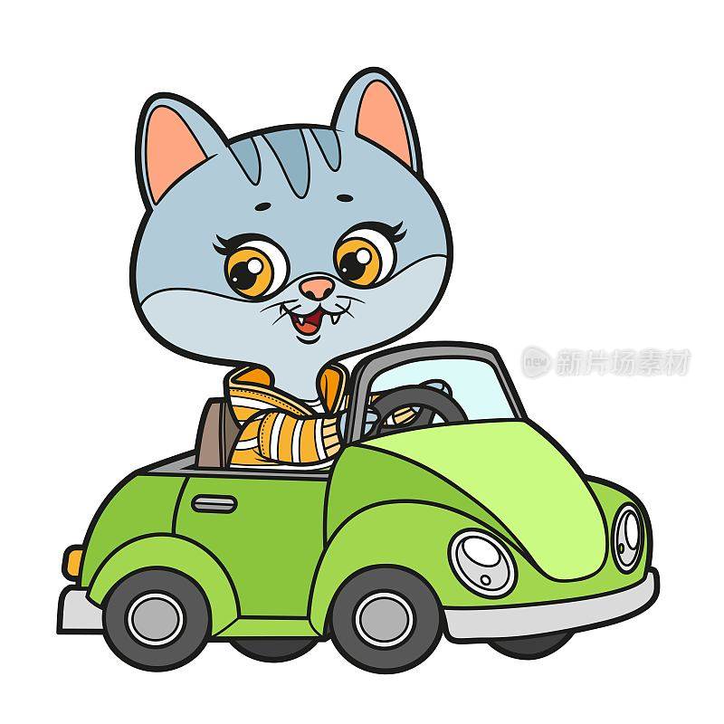可爱的卡通小猫骑在小汽车颜色变化的白色背景上色