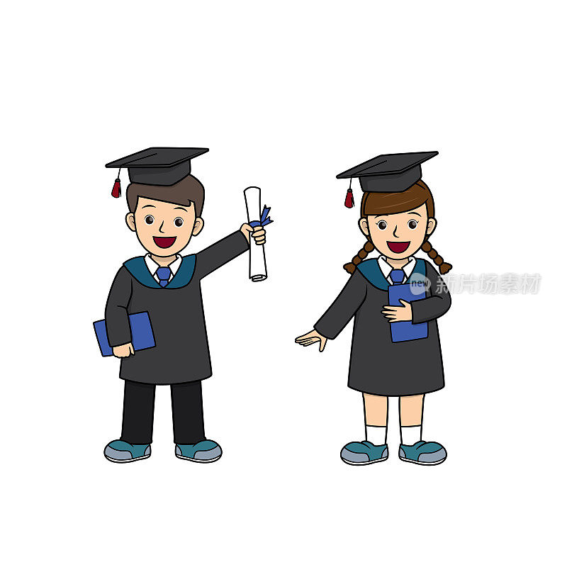 黑色和白色矢量插图的儿童的活动着色书页与男孩和女孩毕业的图片。