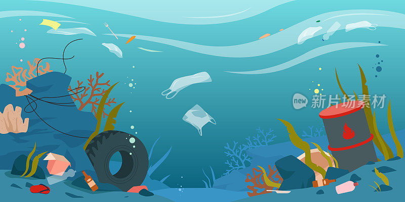 卡通肮脏的水下景观与污染，塑料瓶和塑料袋，纸包装环境破坏背景。海洋，海洋或河流被垃圾污染的水的废物矢量插图。