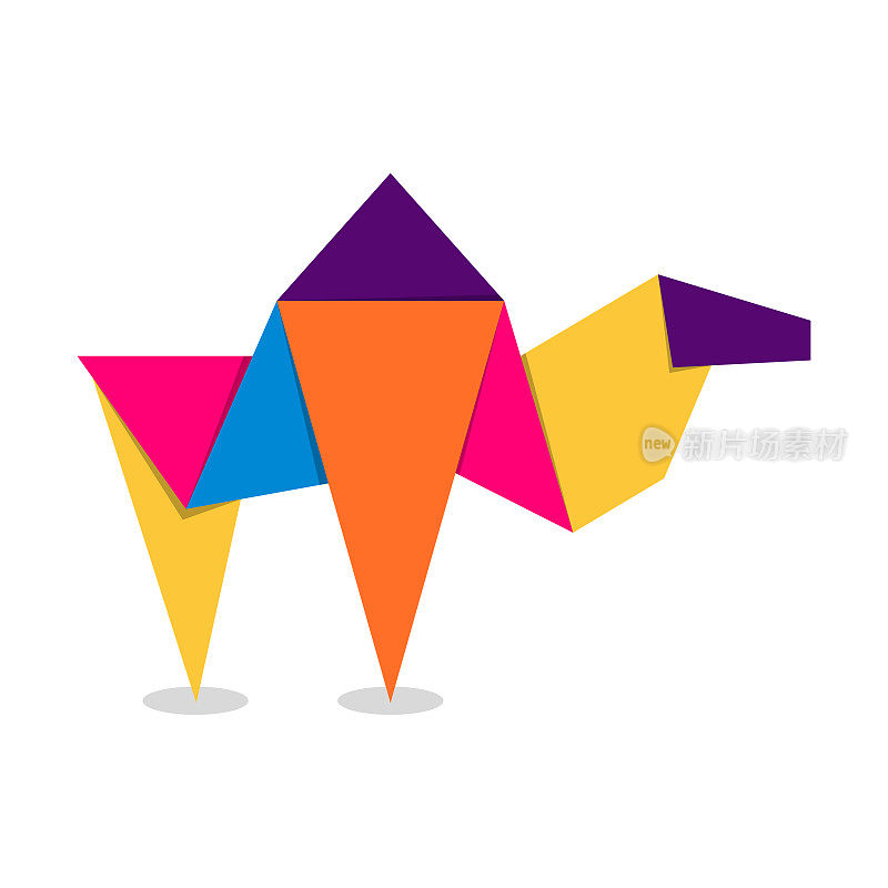 骆驼折纸。抽象彩色动感骆驼标志设计。动物折纸。矢量图
