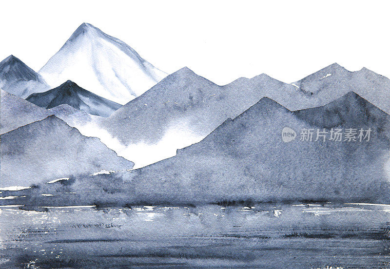水彩山在雾中用水墨画手绘亚洲画孤立在白色上