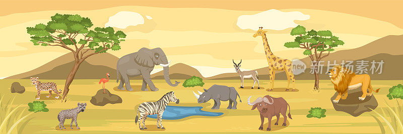 非洲大草原野生动物集。采购产品狮子，犀牛，斑马，水牛，长颈鹿，火烈鸟，豹，瞪羚，大象，鬣狗。平面向量插图。非洲的动物。Savannh景观横幅