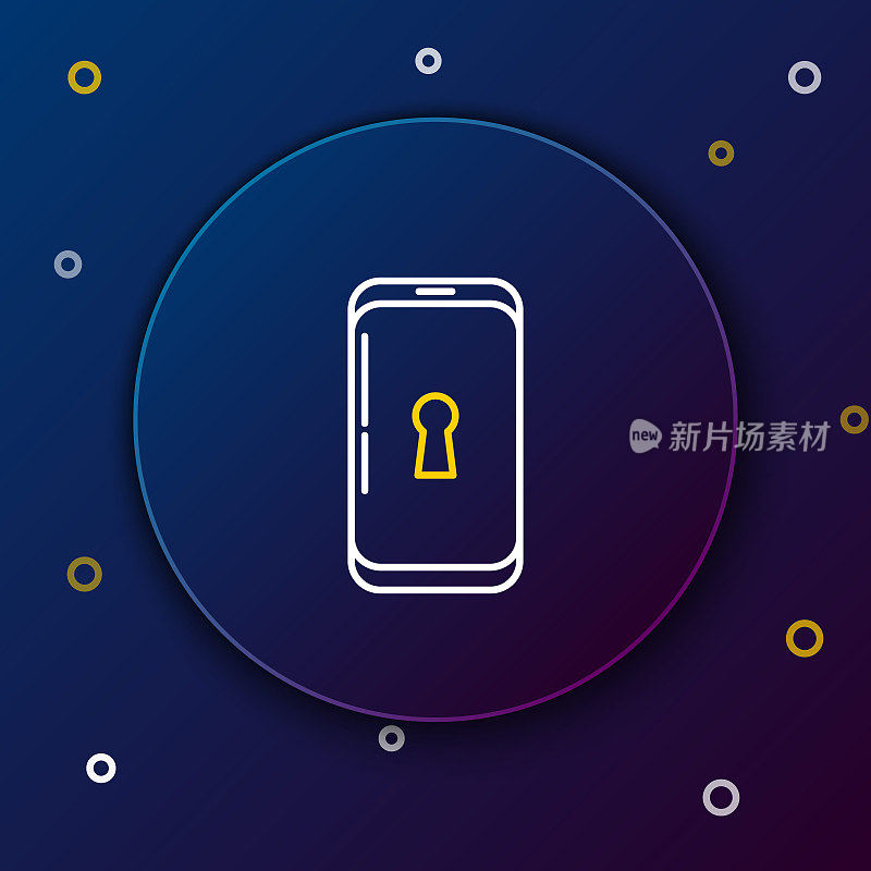 白色和黄色线智能手机与锁图标孤立在蓝色背景。手机锁。移动安全、安全、保护理念。色彩斑斓的轮廓的概念。矢量图